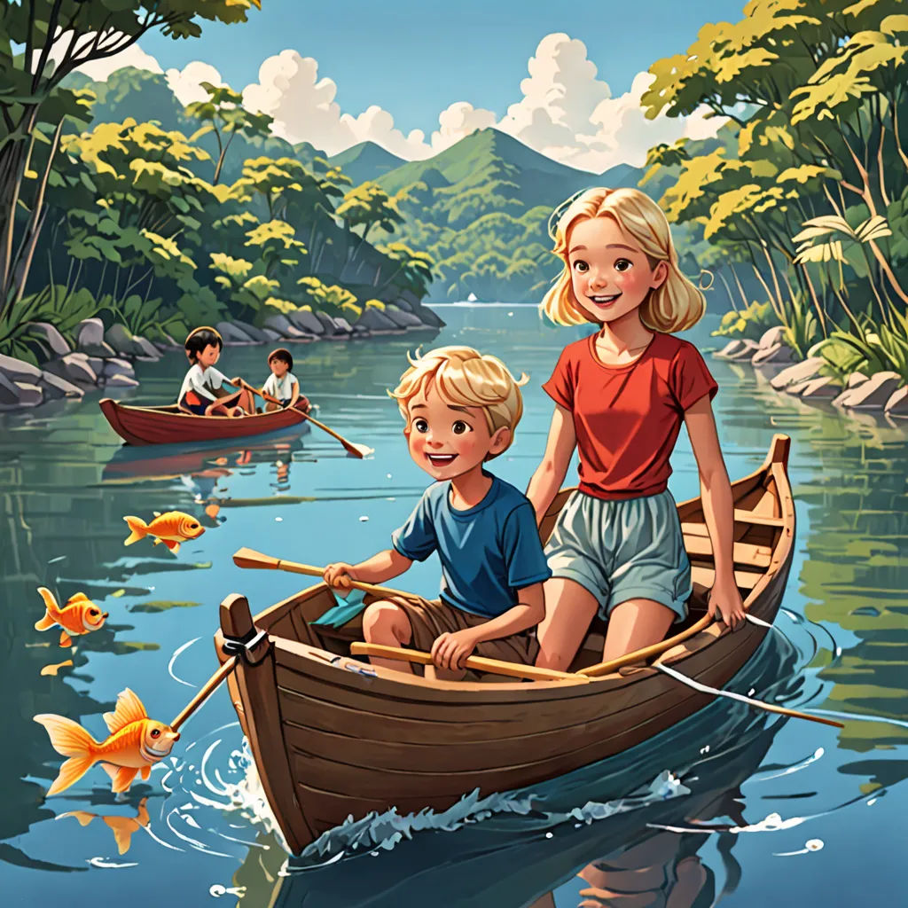 a boy and a girl are in a boat on the water with a fish in it and a man is rowing a boat, a storybook illustration, high detail illustration, american scene painting, Christophe Vacher