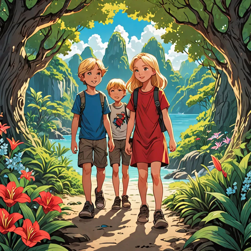 a couple of kids standing next to each other on a dirt road near a forest and a lake with red flowers, a storybook illustration, rossdraws global illumination, lyco art, Cliff Childs