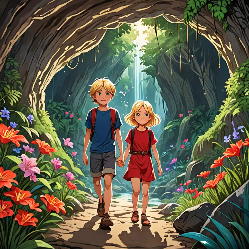 a couple of kids walking down a path in a forest with flowers and a waterfall in the background with a waterfall in the middle, a storybook illustration, official art, magic realism, Cliff Childs