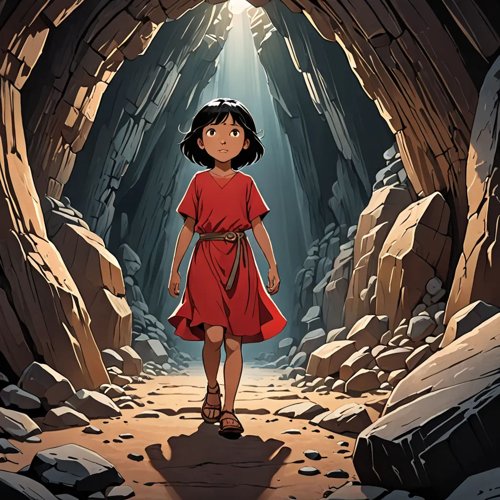 a girl in a red dress is walking through a cave with a light coming from the entrance to the cave, poster art, promotional image, process art, Cliff Childs