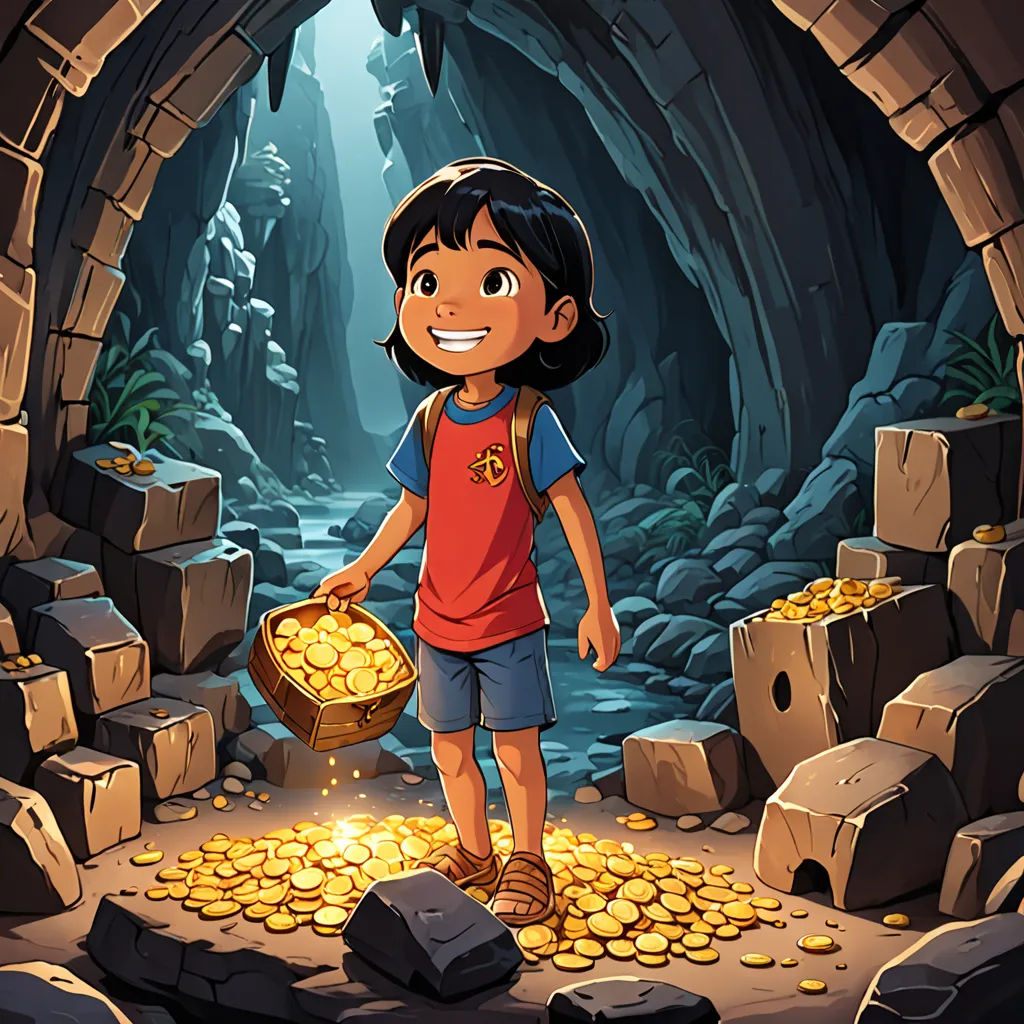 a cartoon girl holding a basket of gold coins in a cave with a stream of water in the background, a storybook illustration, promotional image, lyco art, Cliff Childs