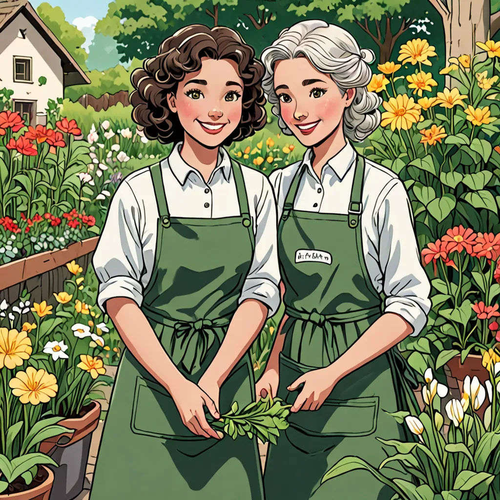 two women in aprons are standing in a garden with flowers and plants in pots and a house in the background, remodernism, a storybook illustration, Elinor Proby Adams, key art