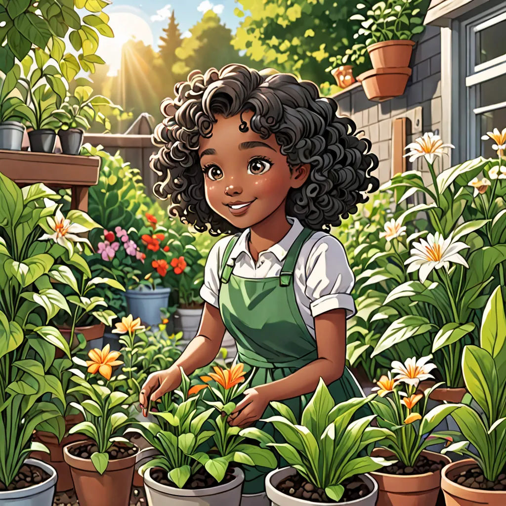 a young girl is tending to a garden in a potted planter filled with flowers and plants in pots, american scene painting, a storybook illustration, Constance Gordon-Cumming, comic cover art