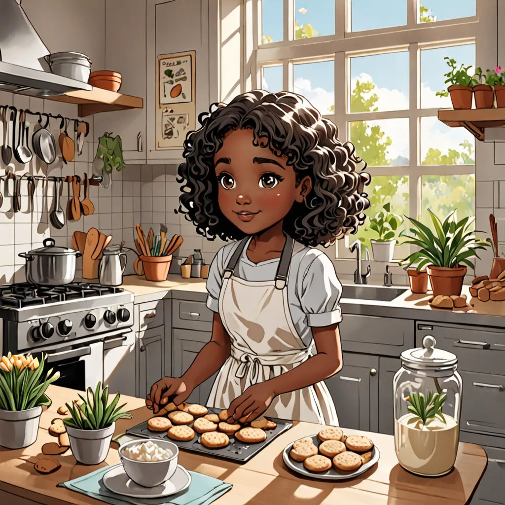 a cartoon girl is making cookies in the kitchen with a potted plant and a potted plant on the counter, american scene painting, a storybook illustration, Constance Gordon-Cumming, official art