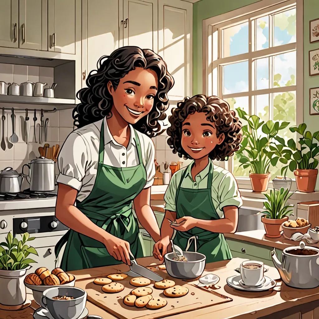 a woman and a child are making cookies in the kitchen together, with a potted plant in the background, american scene painting, a storybook illustration, Ella Guru, storybook illustration