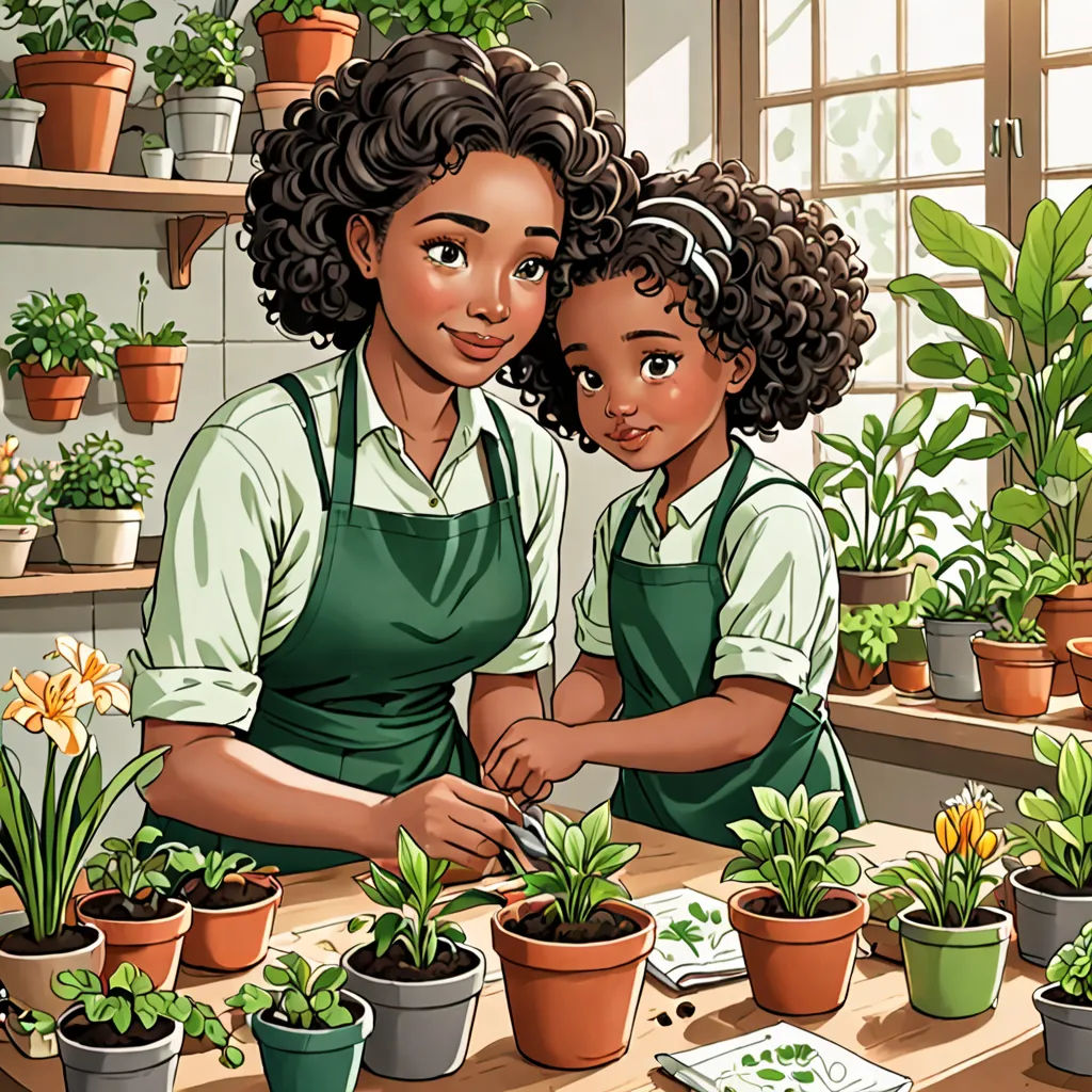 a woman and a child are in a kitchen with plants on the counter and a potted plant on the table, lyco art, a storybook illustration, Ella Guru, comic cover art