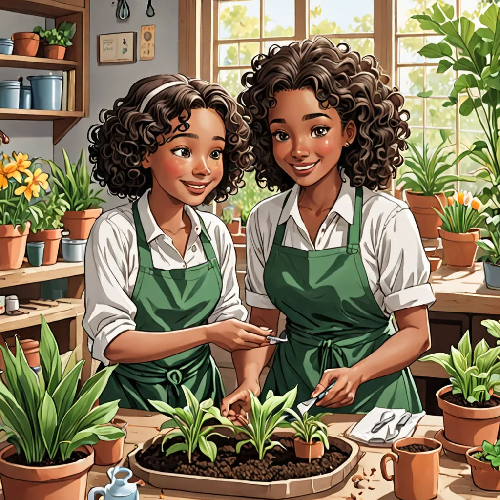 two women in aprons are working in a garden shop together, one of them is cutting plants and the other is holding a clipboard, harlem renaissance, a storybook illustration, Anne Said, comic cover art