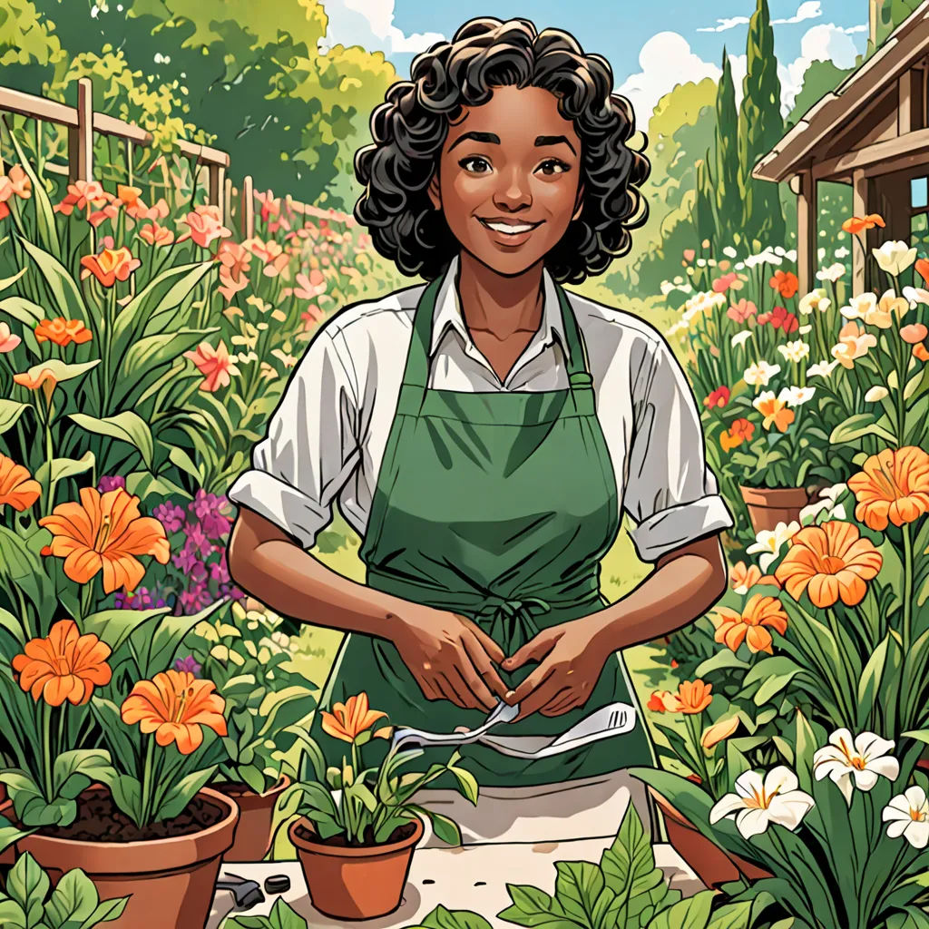 a woman in an apron is in a garden with flowers and plants in pots and a house in the background, process art, a comic book panel, Constance Gordon-Cumming, comic cover art