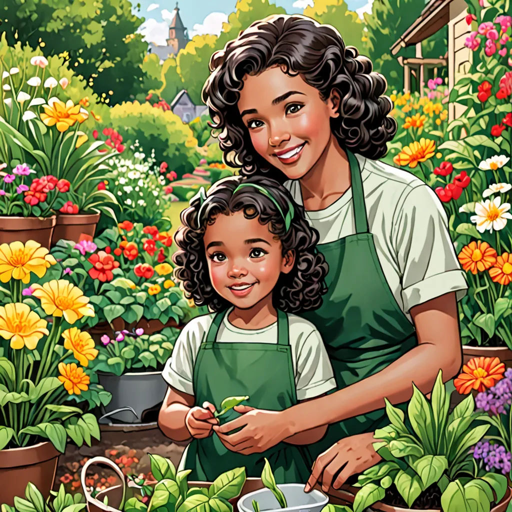 a woman and child in a garden with flowers and plants in pots and pots on the ground, and a house in the background, lyco art, a storybook illustration, Colin Middleton, comic cover art