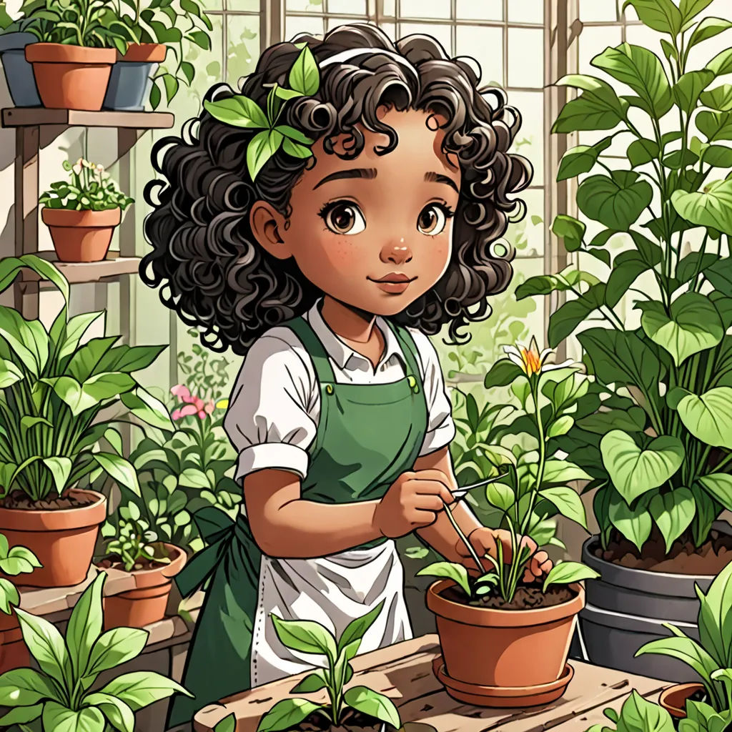 a young girl is tending to a potted plant in a greenhouse with potted plants in the background, magical realism, a storybook illustration, Colin Middleton, comic cover art