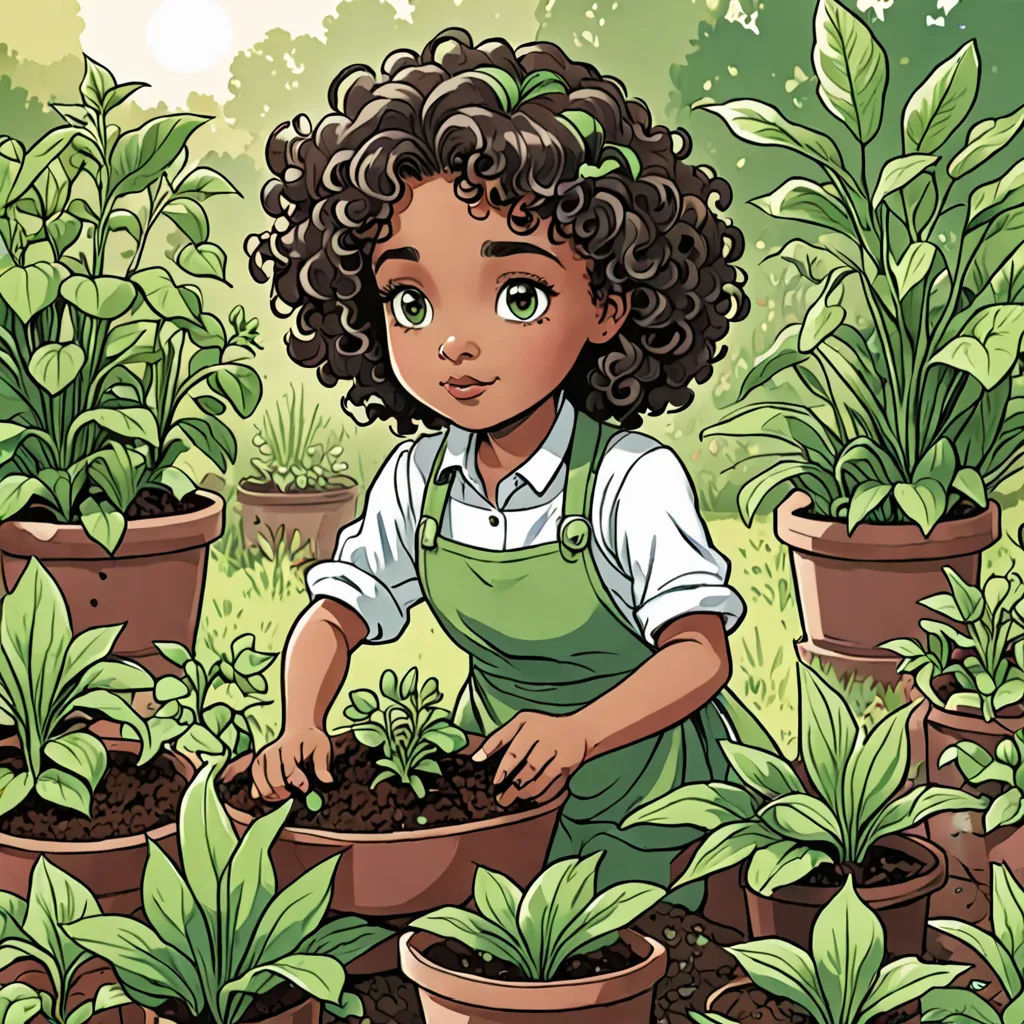 a little girl is in a garden with potted plants and plants in the background, and a green background, environmental art, a storybook illustration, Barron Storey, comic cover art