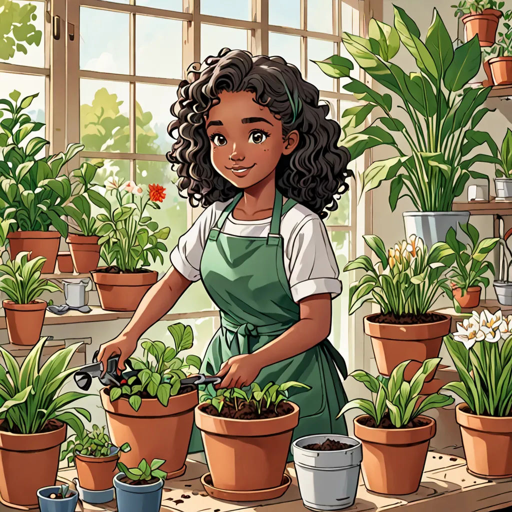a girl is working in a garden shop with potted plants and potted plants on the table and a window behind her, magical realism, a storybook illustration, Claire Falkenstein, official art