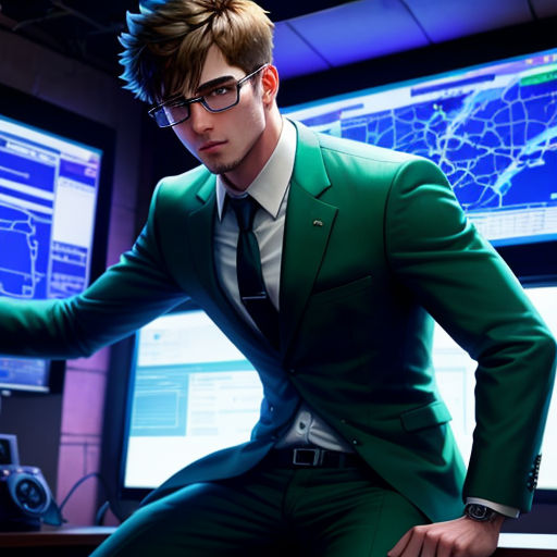 a man in a green suit and glasses in front of a computer screen with a map on it and a clock