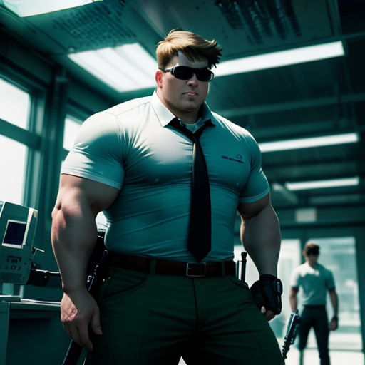 a man in a tie and sunglasses standing in a room with two men in the background, one of them is holding a gun