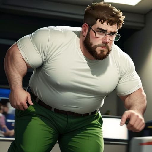 a man with a beard and glasses is standing in a room with a refrigerator and a tv screen behind him