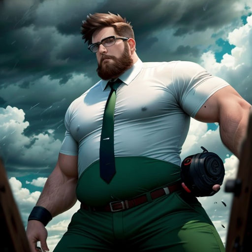 a man with a beard and glasses wearing a green tie and green pants and a white shirt and holding a camera