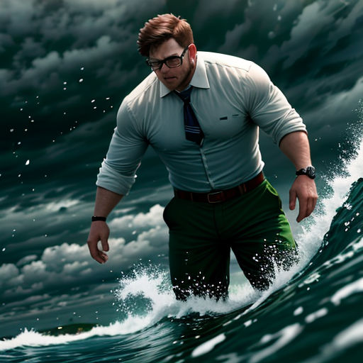 a man in a tie and green shorts is standing in the water with a wave behind him and a dark sky with clouds