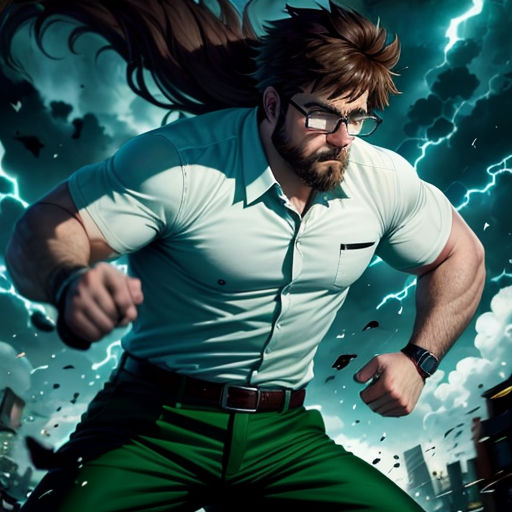 a man with a beard and glasses running through a storm with lightning in the background and a cityscape