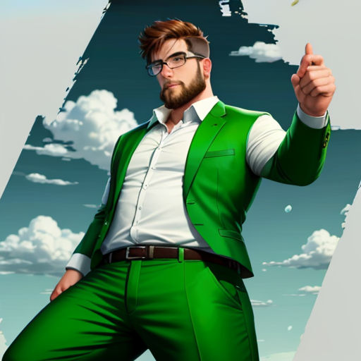 a man in a green suit pointing at something with a sky background behind him and clouds in the background