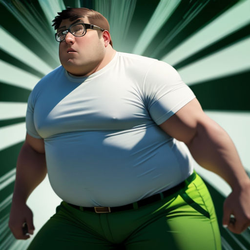 a man in a white shirt and green pants with a big belly and glasses on his head, standing in front of a green and white background