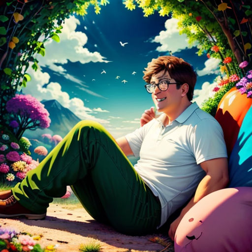 a man sitting on a bean bag chair in front of a painting of a forest with a pig and a man with glasses