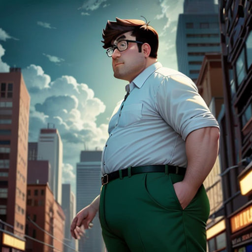 a man in a green suit and glasses standing in a city street with tall buildings in the background and a sky with clouds