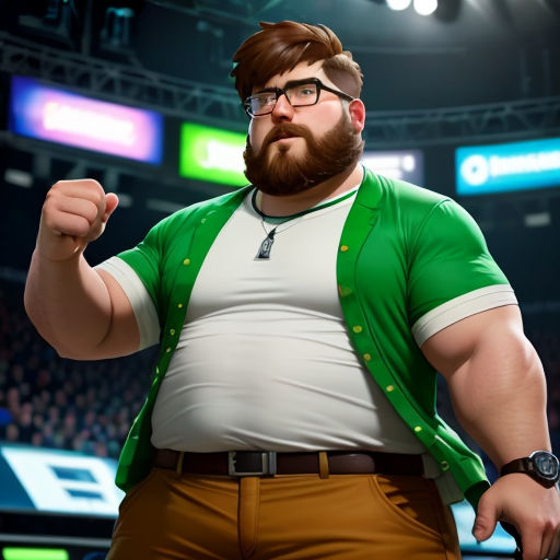 a man with glasses and a beard in a green cardigant standing in front of a stadium with a green and white sign