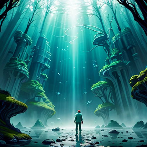 a man standing in the middle of a forest with a light shining down on him and trees and rocks
