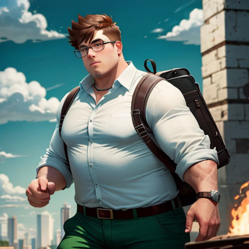 a man with a backpack and glasses is walking in front of a fire and a cityscape in the background