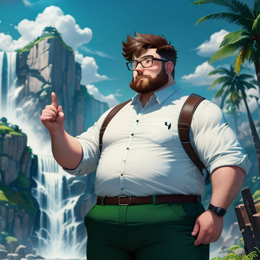 a man with a beard and glasses standing in front of a waterfall and holding a finger up in front of him