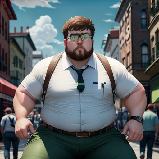 a man with a beard and glasses is standing in the middle of a street with people walking around him