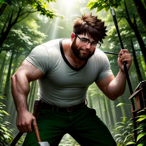 a man with a pick axe in a forest holding a pick axe and a pick axe in his hand