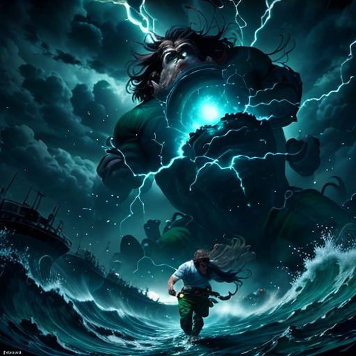 a man standing in the middle of a storm with a giant monster in the background of the image is a ship