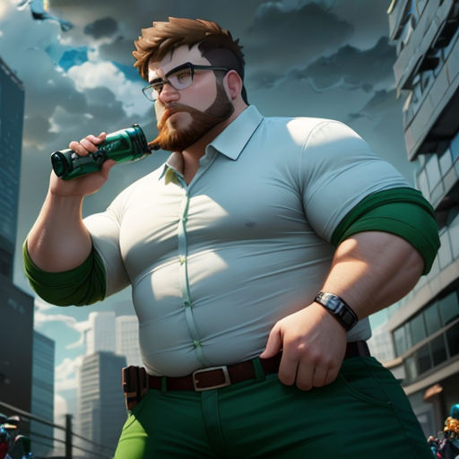 a man with a beard and glasses drinking a beer in a city street with a bird flying overhead in the background