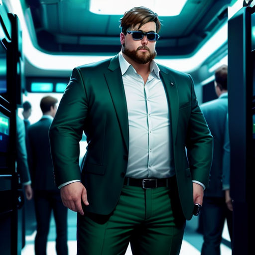 a man in a suit and sunglasses standing in a room with other men in suits and ties in the background