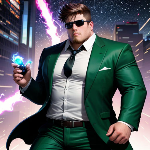 a man in a green suit and tie holding a cell phone in his hand and a lightning bolt coming out of his pocket