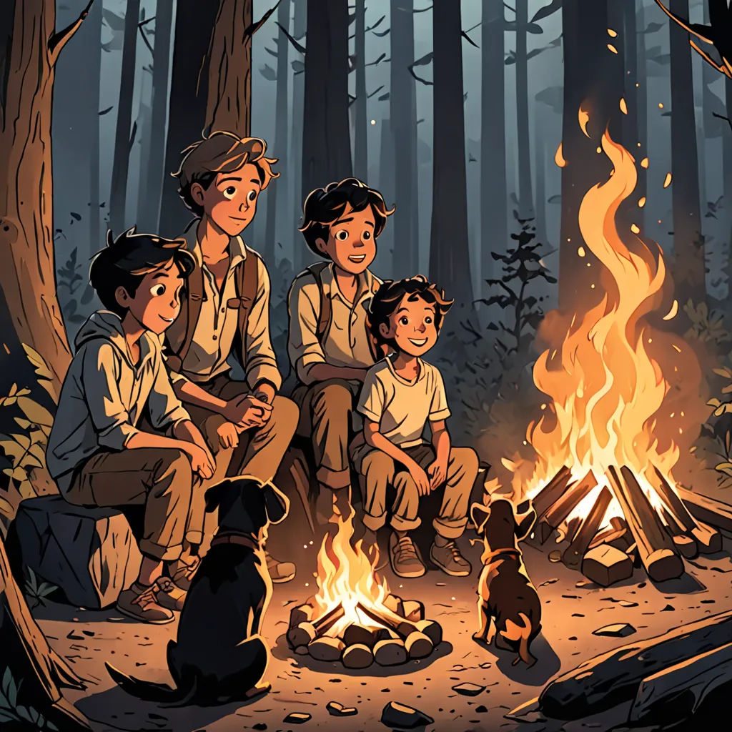 a group of people sitting around a campfire in the woods with a dog nearby on a leash and a dog on the ground, Diego Gisbert Llorens, process art, a storybook illustration, comic cover art