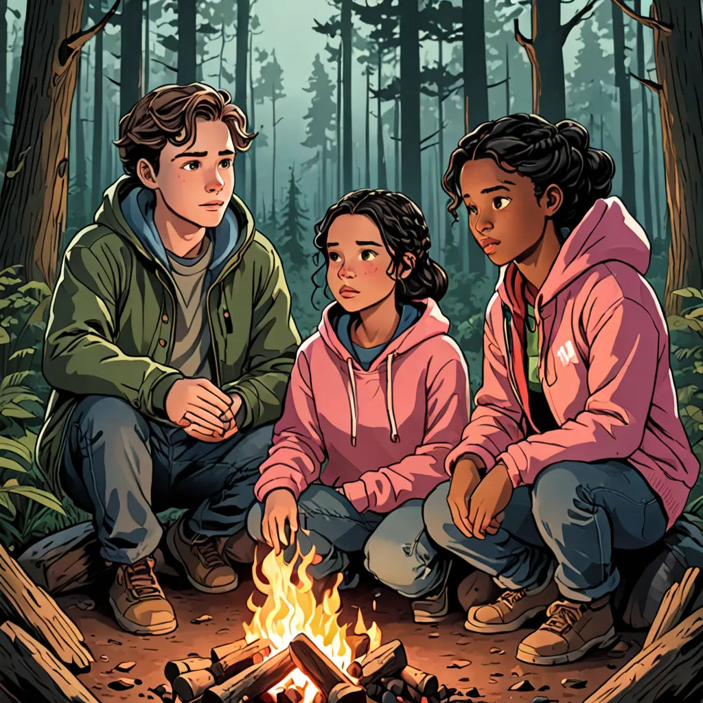 a group of people sitting around a campfire in the woods with a forest background and a forest scene, Dan Mumford, serial art, poster art, comic cover art