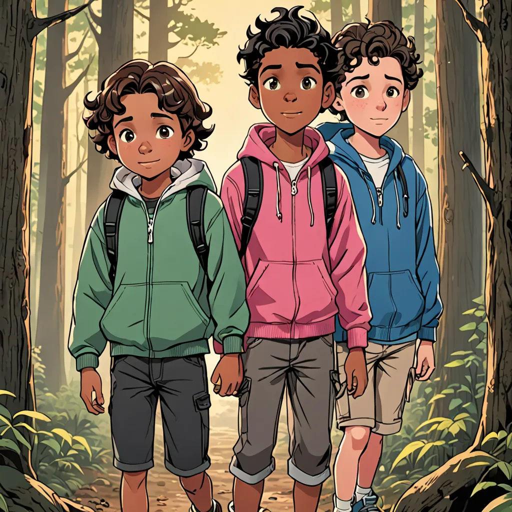 three children are standing in the woods together, one is wearing a backpack and the other is wearing a hoodie, Everett Warner, sots art, poster art, comic cover art