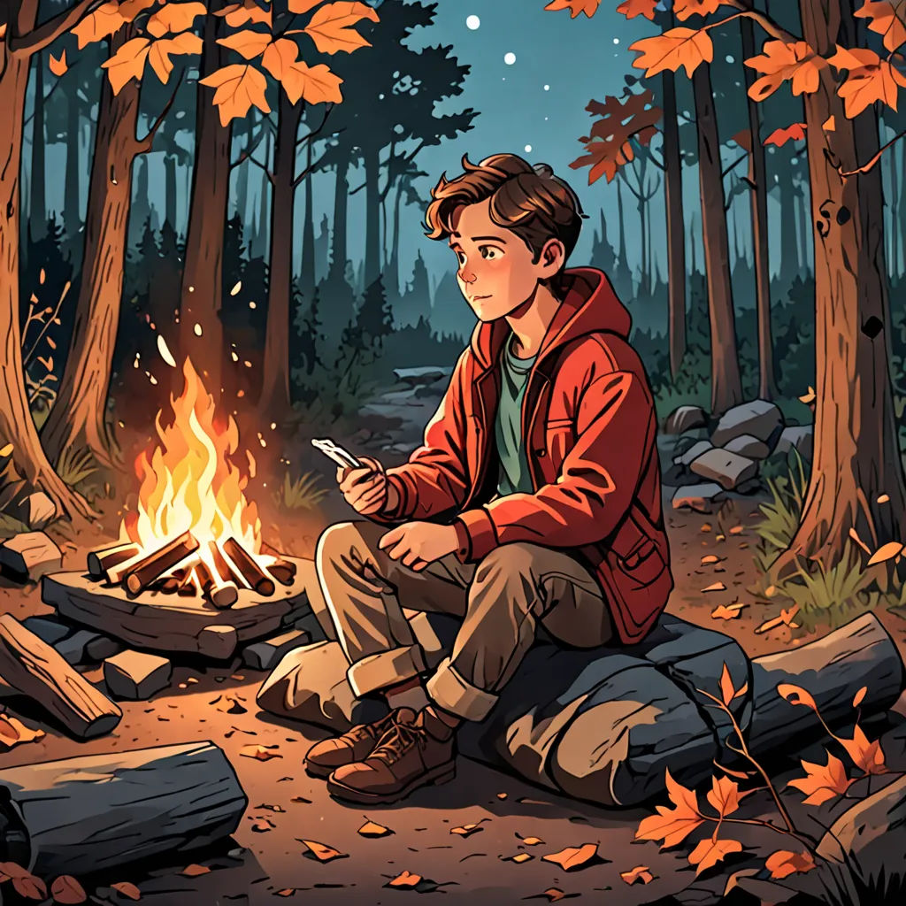 a man sitting on a log in the woods next to a campfire looking at his phone while camping, Dan Mumford, sots art, a storybook illustration, official art