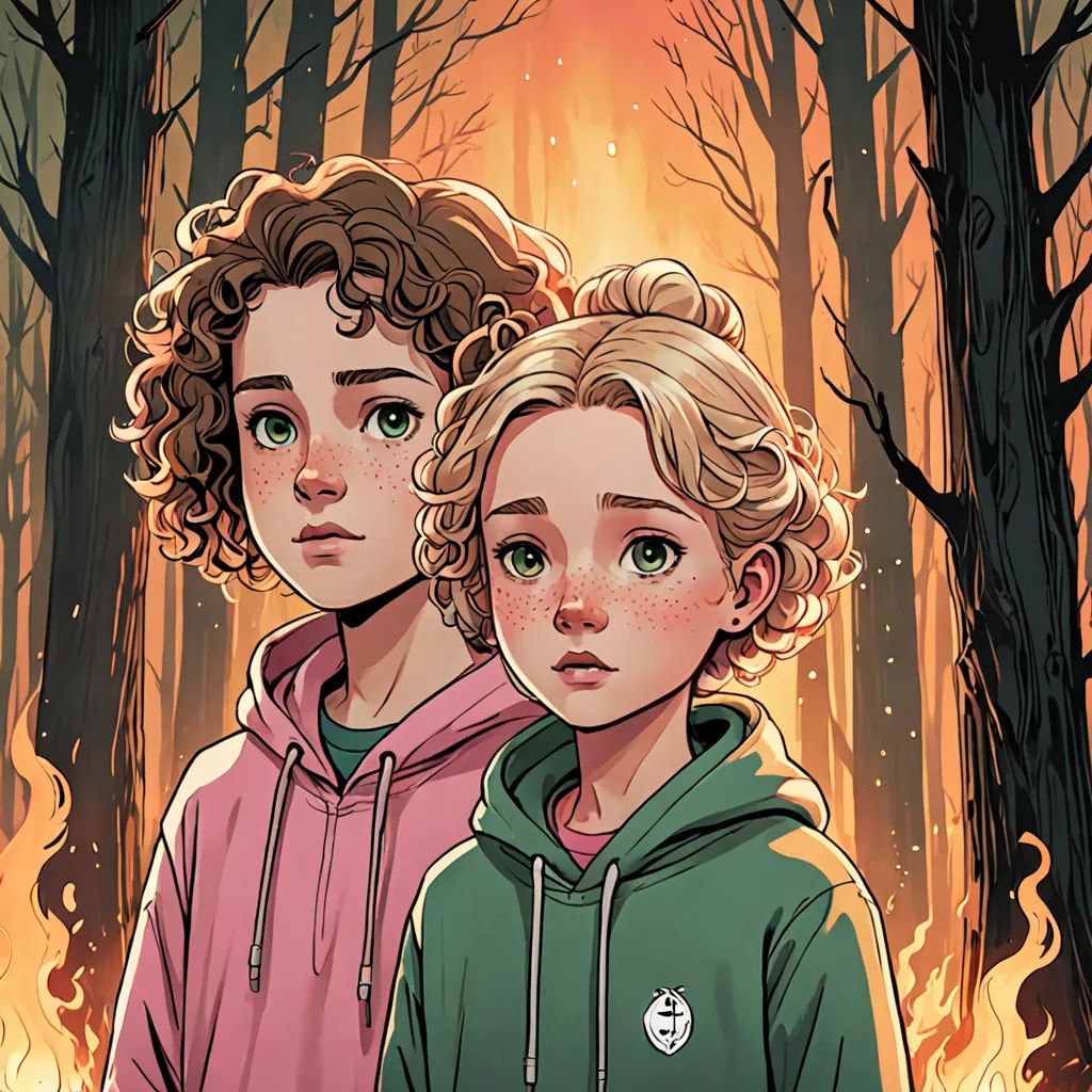 two children standing in front of a fire in the woods, one of them is wearing a green hoodie, Dan Mumford, sots art, poster art, comic cover art