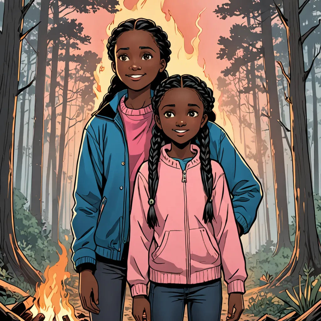 a couple of people standing in front of a fire in the woods with a forest background and a fire, Chinwe Chukwuogo-Roy, underground comix, poster art, comic cover art