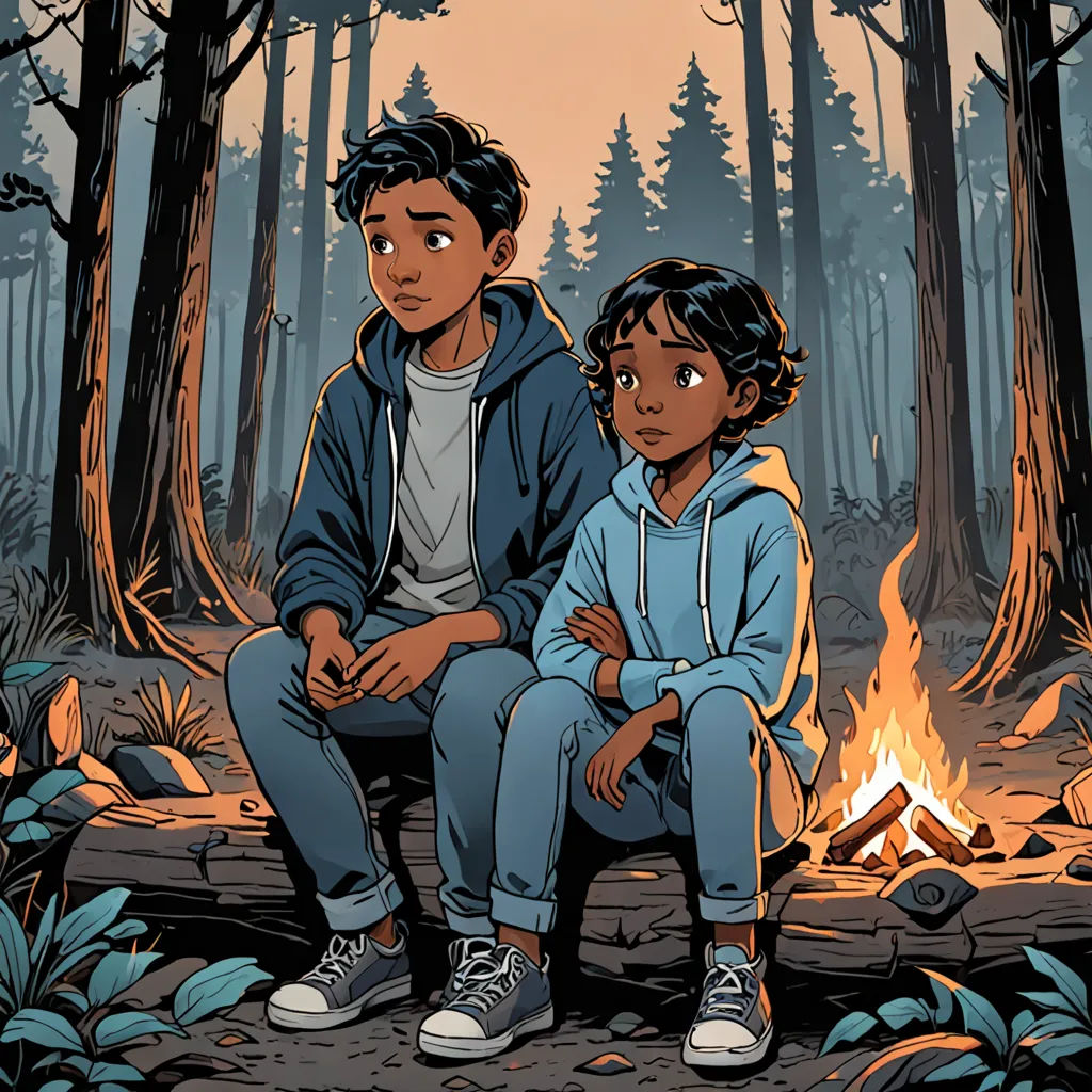 a couple of people sitting next to a fire in a forest with trees and bushes on the ground and a fire in the ground, Felix-Kelly, serial art, poster art, comic cover art
