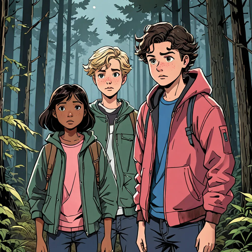a group of people standing in the woods together, with a forest background and trees in the background, and a man in a pink jacket and a woman in a blue shirt, Clark Voorhees, sots art, a comic book panel, comic cover art