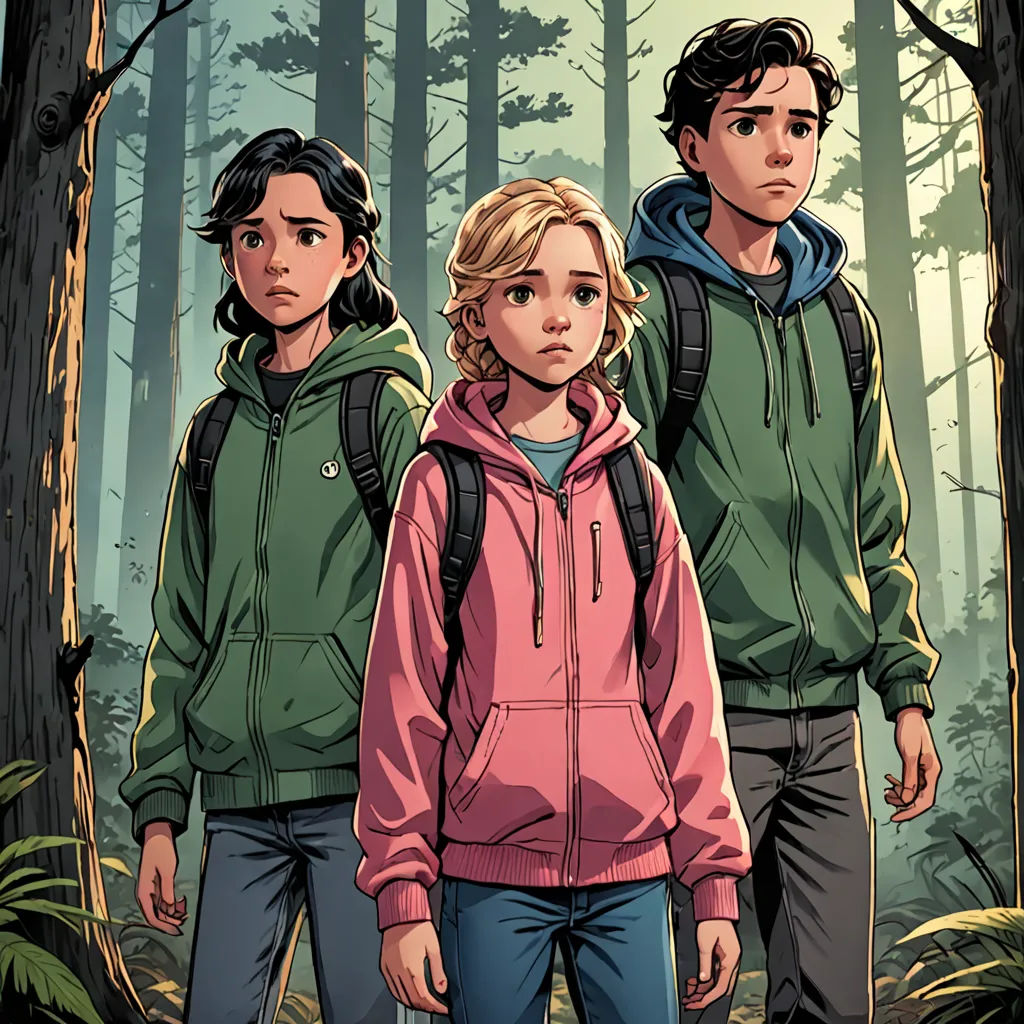 a group of people standing in a forest with trees in the background and a man in a pink hoodie, Clark Voorhees, serial art, poster art, comic cover art