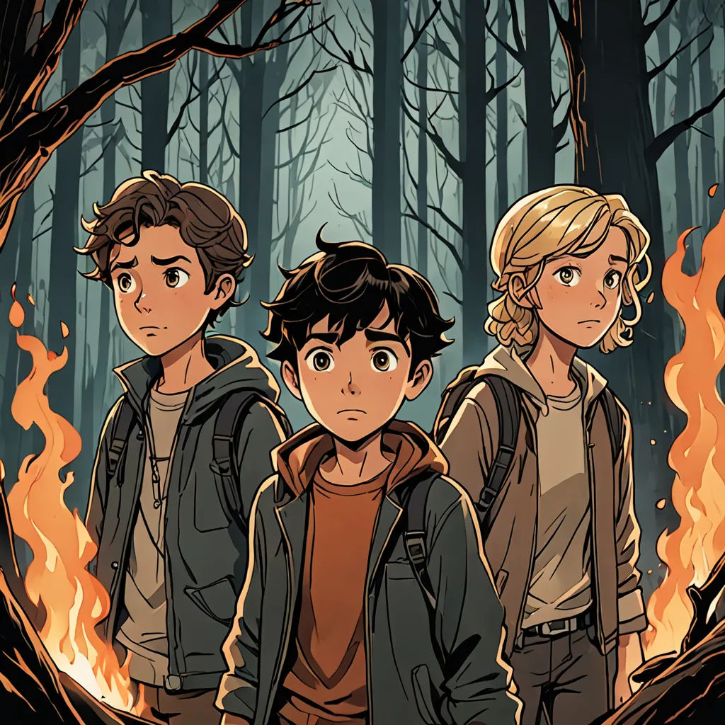 three young boys standing in front of a fire in a forest with trees and a forest fire in the background, Diego Gisbert Llorens, sots art, poster art, comic cover art