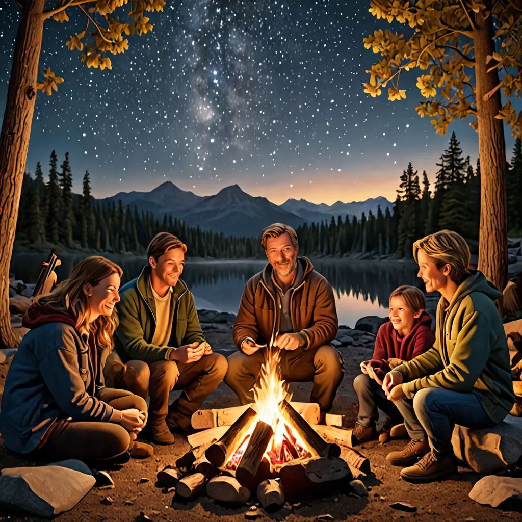 a family sitting around a campfire with a night sky in the background and stars above them, and a lake and forest, american scene painting, poster art, Chris LaBrooy, promotional image