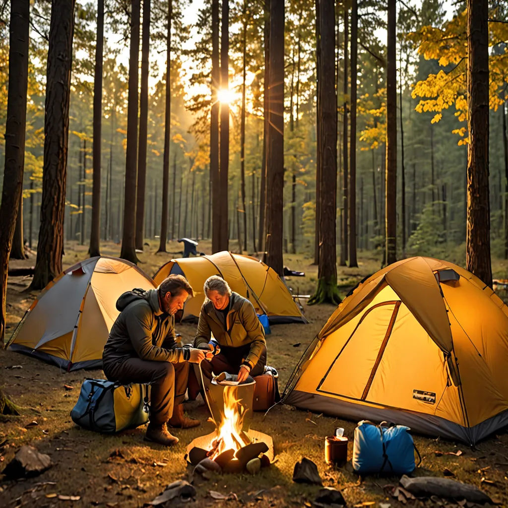 two people sitting around a campfire in the woods with tents in the background and a forest with trees, environmental art, a stock photo, Allen Tupper True, promotional image