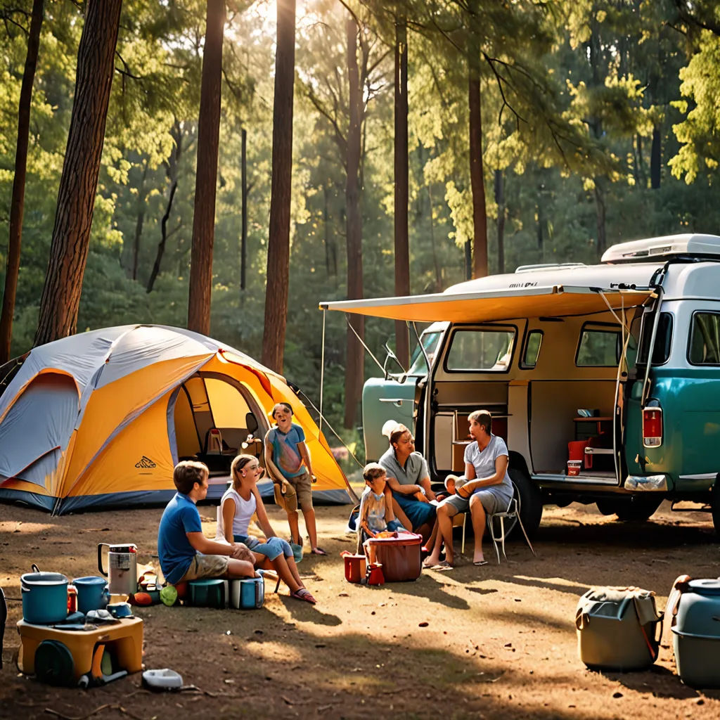 a group of people sitting around a camp site with a van and a van in the background and a tent in the foreground, american scene painting, a digital rendering, Christian Hilfgott Brand, promotional image