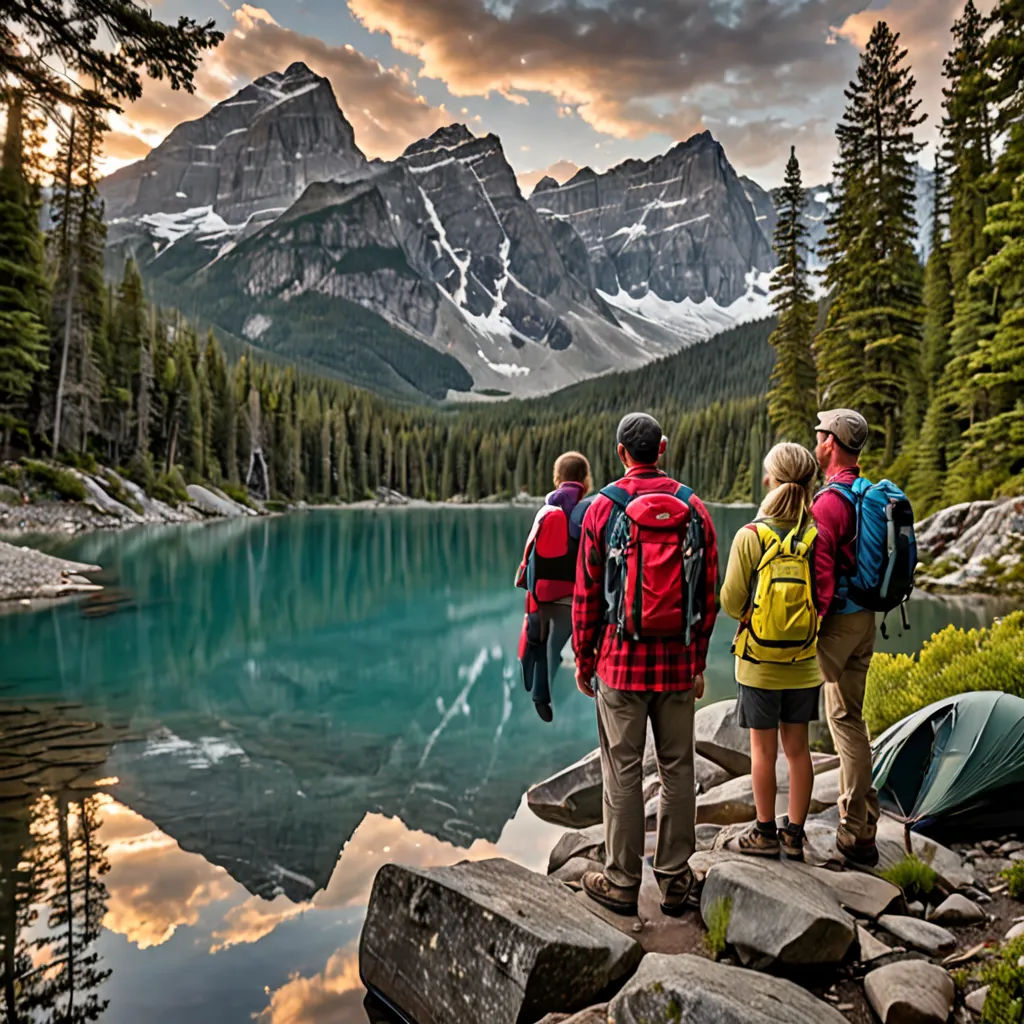 a group of people standing on a rock next to a lake with a tent on it and mountains in the background, naturalism, a stock photo, Allen Tupper True, sense of awe